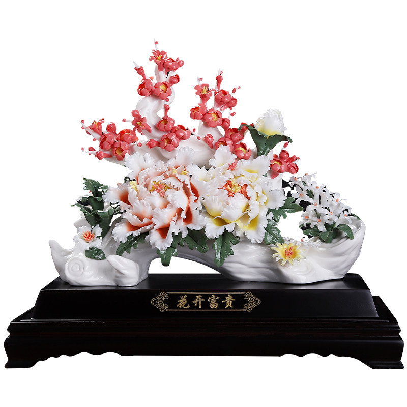 陶瓷花开富贵摆件可定制祝福语