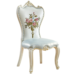 欧式椅子简欧白色餐厅实木软包餐椅美式全实木雕花描金靠背软包椅
