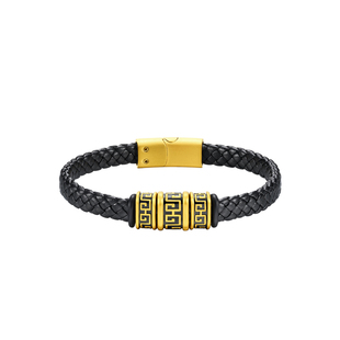 【新年礼物】周大福潮酷回纹方胜纹转运珠配黑色皮绳黄金手链男士