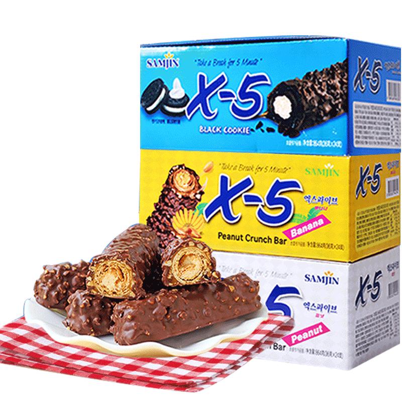 X5韓國進口零食三進X-5夾心巧克力棒補充能量36g24支（代可可脂）