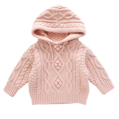 春秋纯色连帽加厚女宝宝针织衫