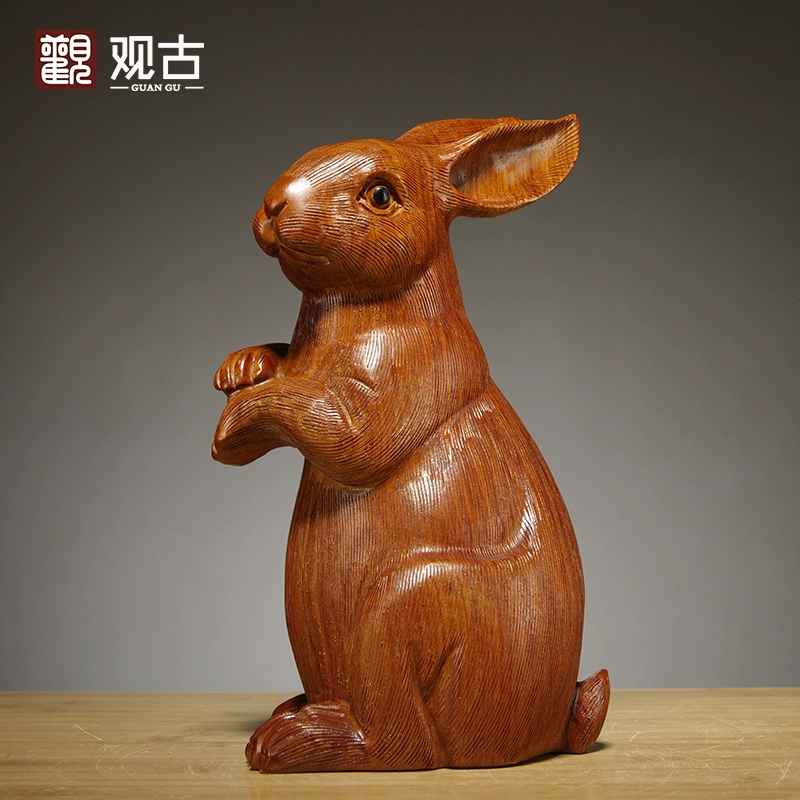 花梨木雕兔子摆件实木质动物生肖兔家居客厅办公室装饰红木工艺品