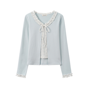 奶油的宇宙 绑带捏褶碎花边假两件长袖T恤女早秋修身绝美内搭上衣