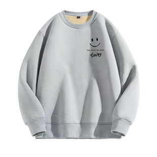 羊绒羔圆领卫衣男生秋冬季新款加绒加厚宽松大码男士无帽上衣外套