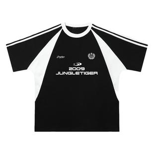 【怼甜同款】丛林老虎三条杠插肩袖t恤男潮牌拼接重磅纯棉短袖潮