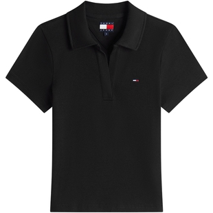Tommy26春夏新款女装优雅通勤罗纹肌理修身V字海鸥领短袖T恤POLO