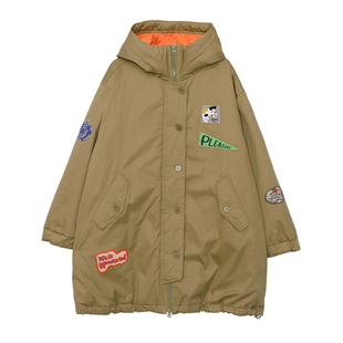 MOVEUP幻走2025冬季新款.FUN系列连帽绣花章仔袖袢中长款羽绒服女