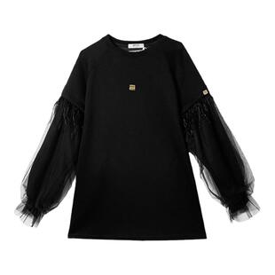 dfvc冬季黑色圆领卫衣裙女2025新款网纱流苏宽松直筒休闲连衣裙子