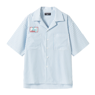 白口阳【海畔晨曲】蓝色短袖条纹衬衫男生薄宽松刺绣衬衣夏季新款