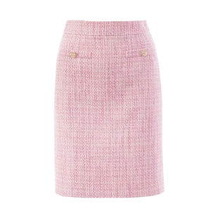 朗姿集团LIME莱茵优雅小香风高腰粗花呢半裙淡粉色春夏A字半身裙