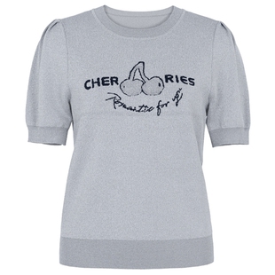 XG雪歌创意绣花设计毛针织衫时尚春季新款灰色修身套头短袖毛衫女