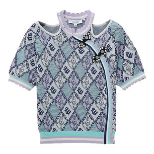 我爱露露LULUALWAYS秋季时尚潮流镂空短袖针织上衣女