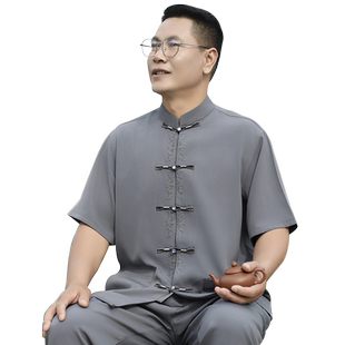 高端唐装男款爸爸装夏装冰丝中国风套装短袖中老年爷爷父亲节衣服