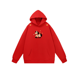 PCMY马年2026新款红色连帽宽松卫衣新年款情侣装重磅外套一男一女