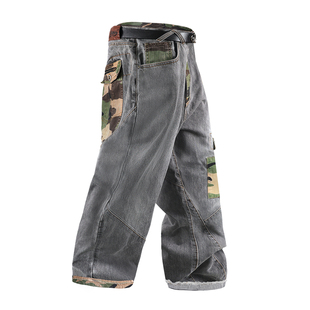 ACUSA灰色洗水BAGGY工装风迷彩拼接解构贴布牛仔长裤男装宽松阔腿
