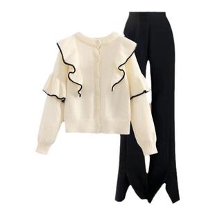 法国女童秋装2024新款洋气时髦套装休闲毛衣初中学生高腰微喇叭裤