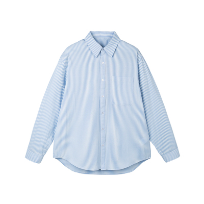 蓝白条纹口袋翻领长袖衬衫男春季