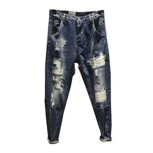 Hi man宽松哈伦男士个性潮流牛仔裤小脚 破洞缝补韩版漏洞男裤子