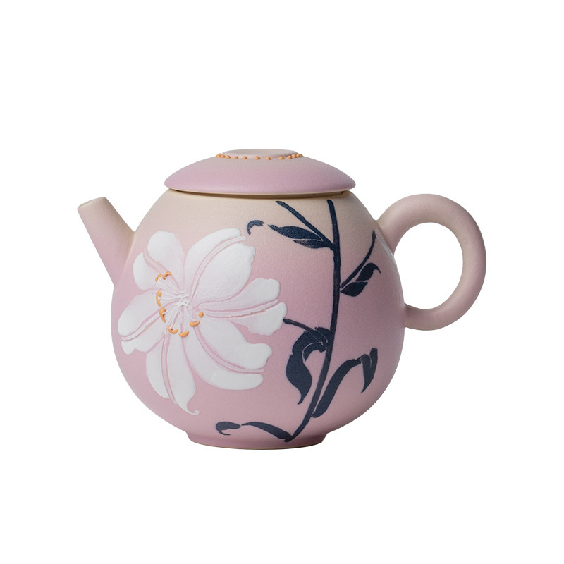 无落新中式手绘百合一壶四杯礼盒装女士浅桃粉陶瓷茶具送礼小套装