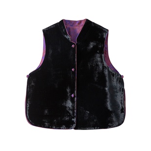 一丝牵双面穿100%桑蚕丝底布丝绒真丝马甲女国风立领背心开衫外套