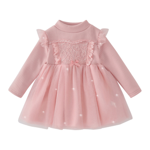 女童公主裙中小童秋冬网纱连衣裙儿童蝴蝶结宝宝粉色生日礼服加绒