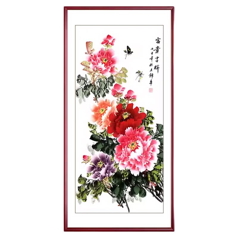 花开富贵国画牡丹画入户玄关装饰画过道走廊竖版挂画正对门花鸟图