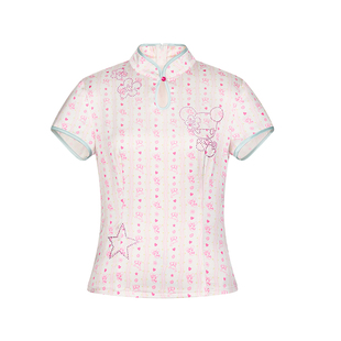 BETWEENANDx鸟鸟一 夏季粉黛新中式插画盘扣印花中华娘短袖上衣