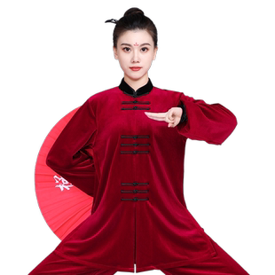 太极服女款新款秋冬季武术表演服加厚金丝绒太极拳练功服男士套装