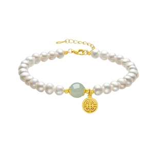 周六福淡水珍珠和田玉手链女福牌S925银新年礼物送女友