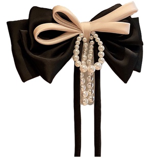 韩国缎面蝴蝶结发夹女小众ins珍珠长款流苏顶夹甜美气质新款发饰