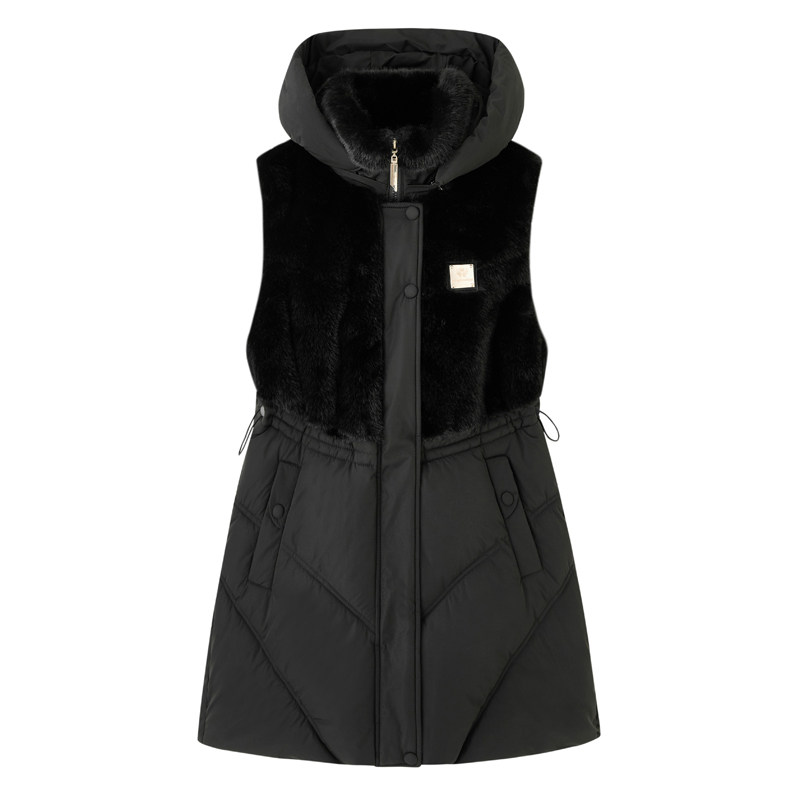 2025新款中长款羽绒棉马甲女秋冬外穿时尚拼接女士可脱卸帽棉坎肩