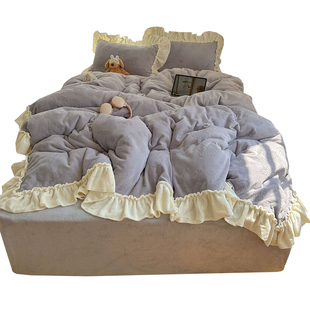 秋冬季公主风花边牛奶绒床上四件套床品双面绒被套加绒珊瑚绒床单