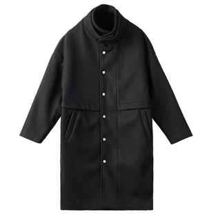 高端简约毛呢大衣男士秋冬季外套日韩风简约时尚休闲宽松长款黑色