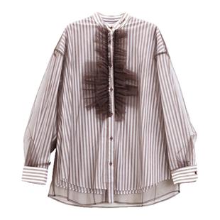 芭依璐2026春装新款衬衫上衣网纱拼接秋饰条纹立领设计感长袖衬衣