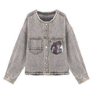 KEIKO 复古做旧水洗毛边牛仔外套26春季美式宽松休闲夹克两件套装