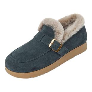 牛反绒羊羔毛博肯鞋女冬保暖防滑厚底加绒单鞋乐福鞋玛丽珍毛毛鞋