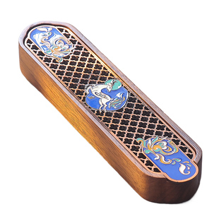 复古珐琅彩敦煌实木卧香盒家用非遗黑桃木线香炉室内檀香托盘底座