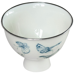 季度窑 白瓷青花手绘主人杯包银口高脚茶杯女生薄胎品茗杯釉中彩