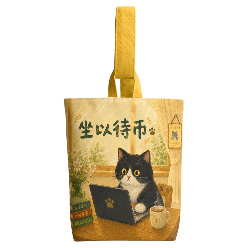 发财布包可爱猫咪文创帆布袋小号便携帆布包单肩包通勤手提袋女生