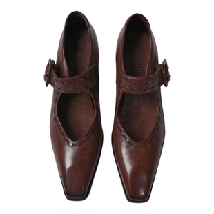 ALIAS MAE意大利进口水洗马皮手工缝线小方头方跟塔扣女春夏单鞋