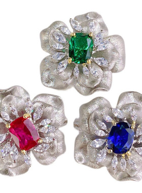 祖母绿意大利拉丝工艺 女式花朵戒指时尚项链套装三色入