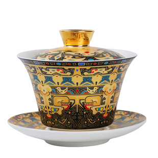 三才盖碗可旋转悬停中式功夫家用泡茶小号带盖碗羊脂玉瓷茶碗茶杯