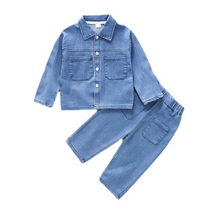 2025秋季新款男童翻领长袖纯色牛仔套装休闲时尚牛仔长裤两件套