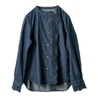 女式纯棉雕绣装饰牛仔衬衫