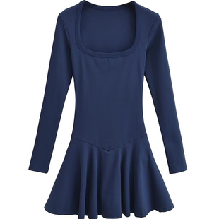 棉洋ins芭蕾风方领长袖连衣裙bm风纯欲收腰a字蓬蓬裙甜妹连体短裙