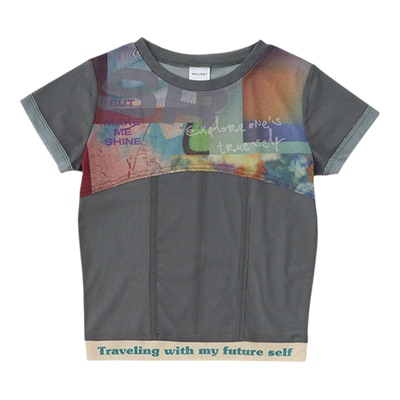 moussy 夏季薄纱透视撞边印花鱼骨短袖T恤010HAL90-0131