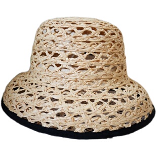 日系韩版复古镂空洞拉菲草编织钟形盆帽女夏天系带渔夫草帽小清新