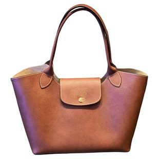 大元宝棕色牛皮托特包女士通勤单肩包简约大容量手提包时尚水桶包