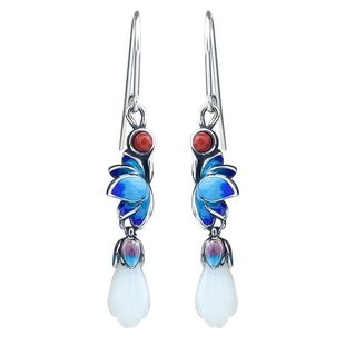 景泰蓝耳饰女S925银复古时尚中式荷花白玉兰花仿南红配旗袍耳环