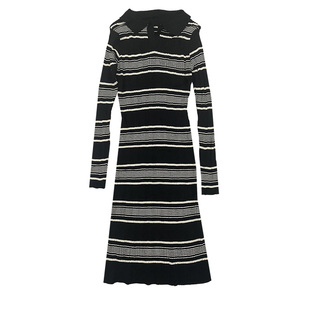 针织连衣裙女秋冬polo领气质修身复古撞色条纹显瘦长袖打底裙内搭